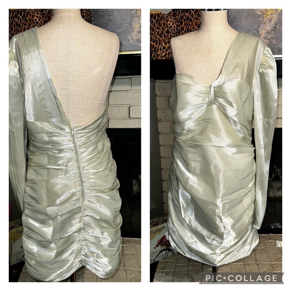 NWT NBD Silver Mint Sheer Sparkle Dress One Shoulder Size 14